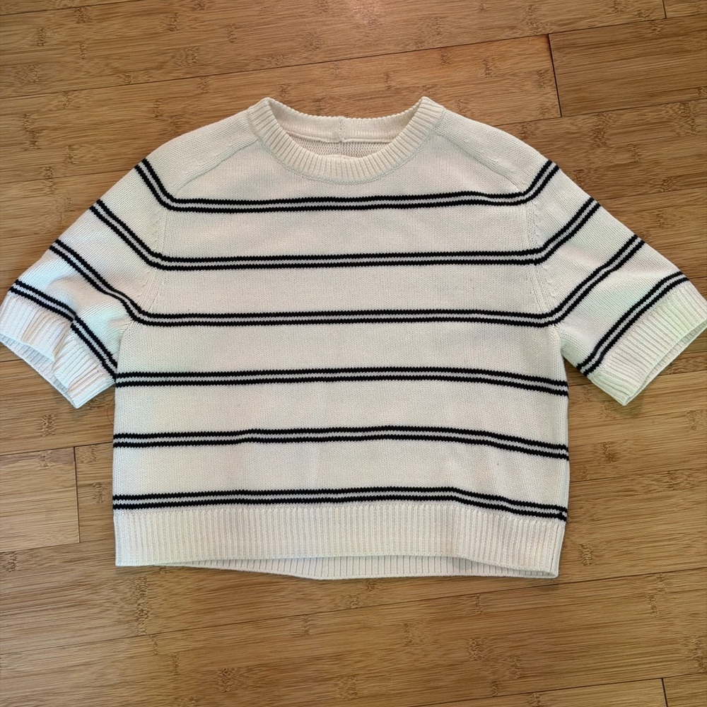 White and Navy Stripe Short-Sleeve Sweater